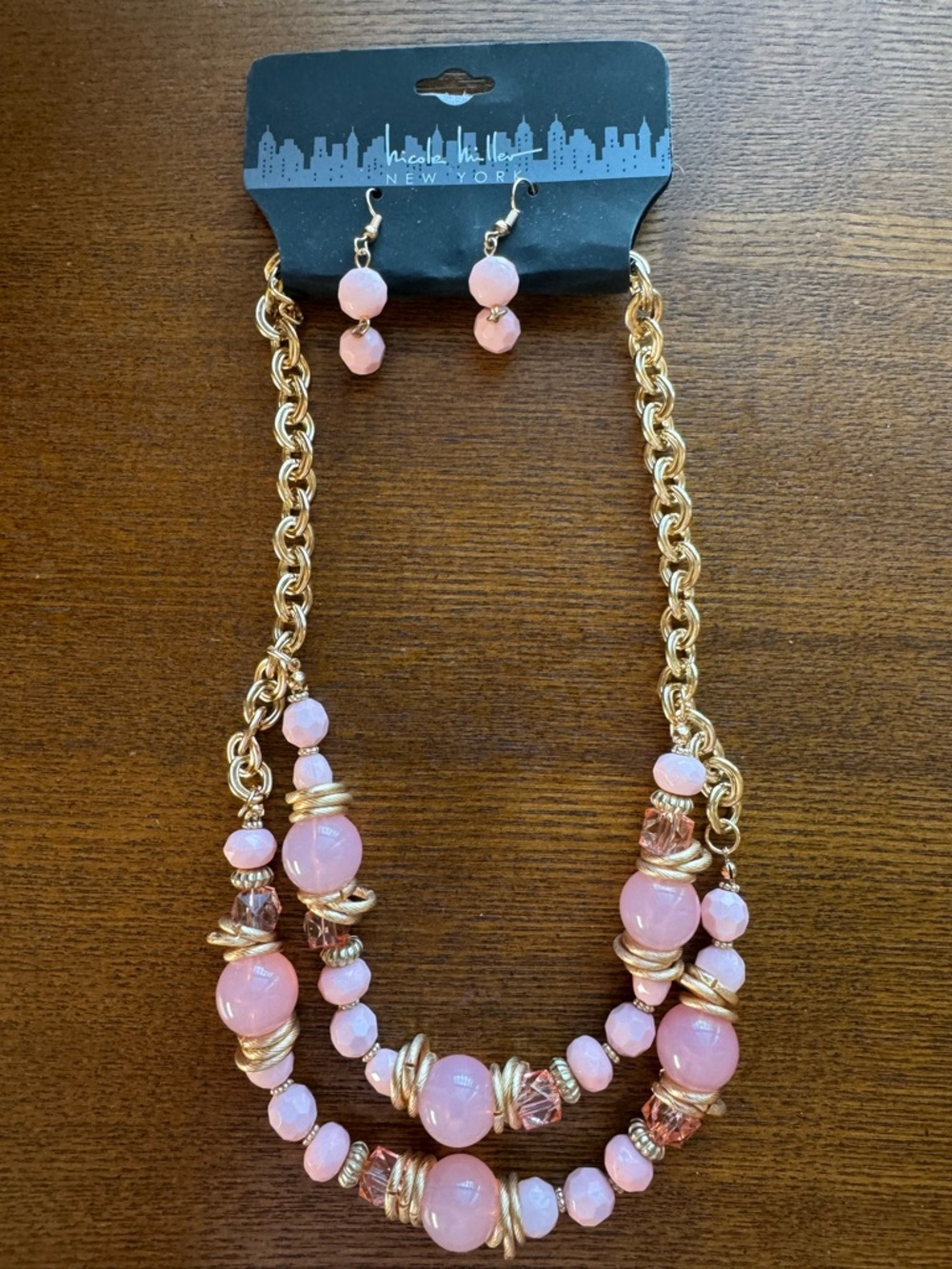 Nicole Miller Pink and Gold Beaded Statement Necklace with Matching Earrings